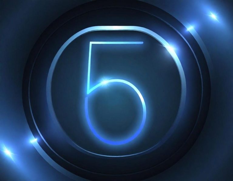 Chiffre "5" en bleu sur fond vert avec des éclats lumineux autour.