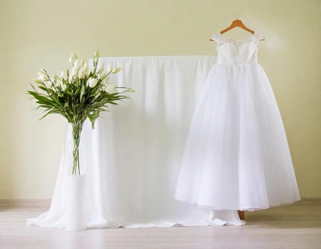 Robes de mariée blanches suspendue à un cintre, bouquet de fleurs à côté.