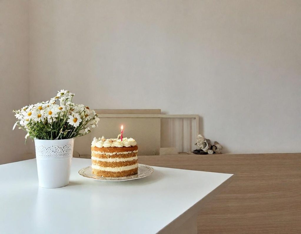 Gâteau à étages avec une bougie et un vase de fleurs blanches sur une table.