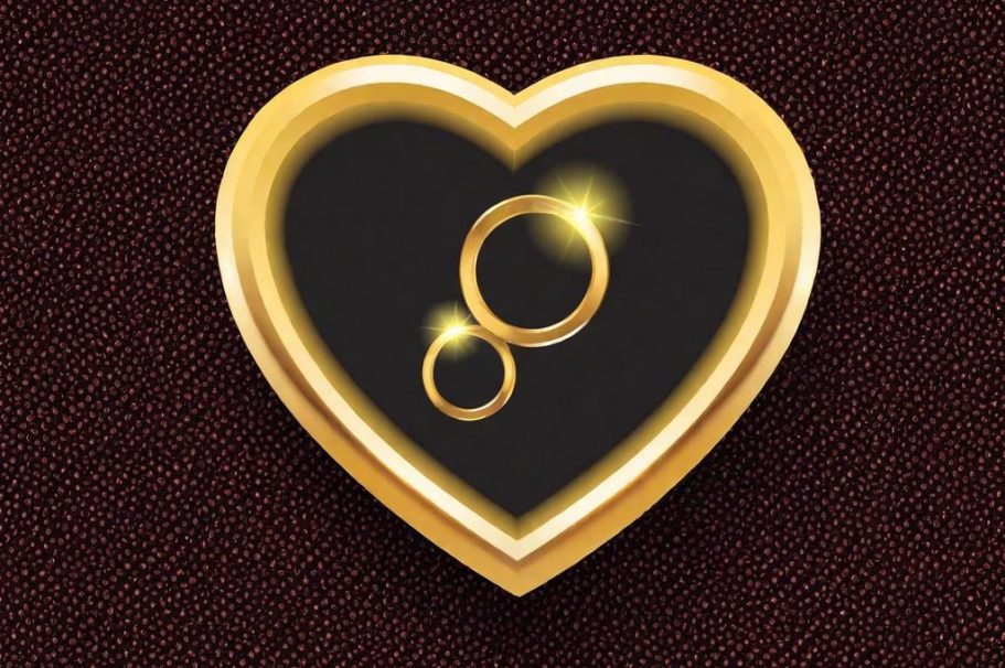 Un cœur doré avec deux anneaux brillants à l'intérieur.